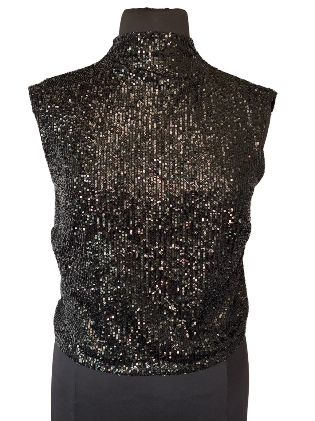 Anthropologie Black Sequin Mock Neck Sleeveless Top Blouse M Glam Party